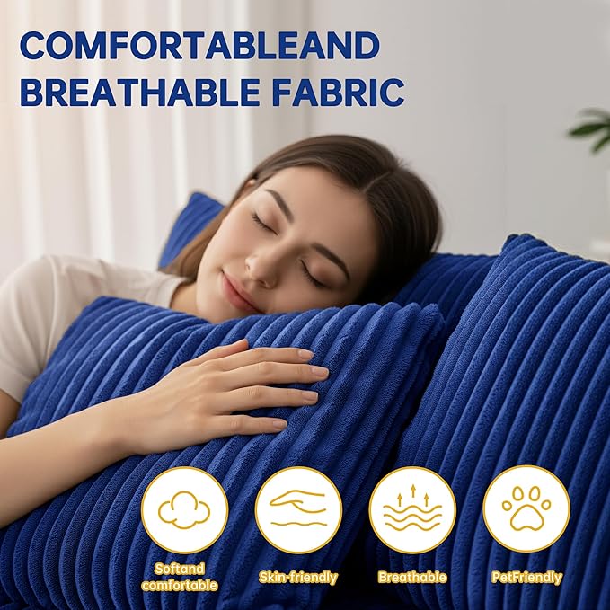 SEENYOO 130" Boneless Couch, Cloud Couch Sectional, Corduroy Sofa for Living Room, U Shaped Modular Sofa with Chaise, No Assembly, 4 Seats Oversized (Blue)