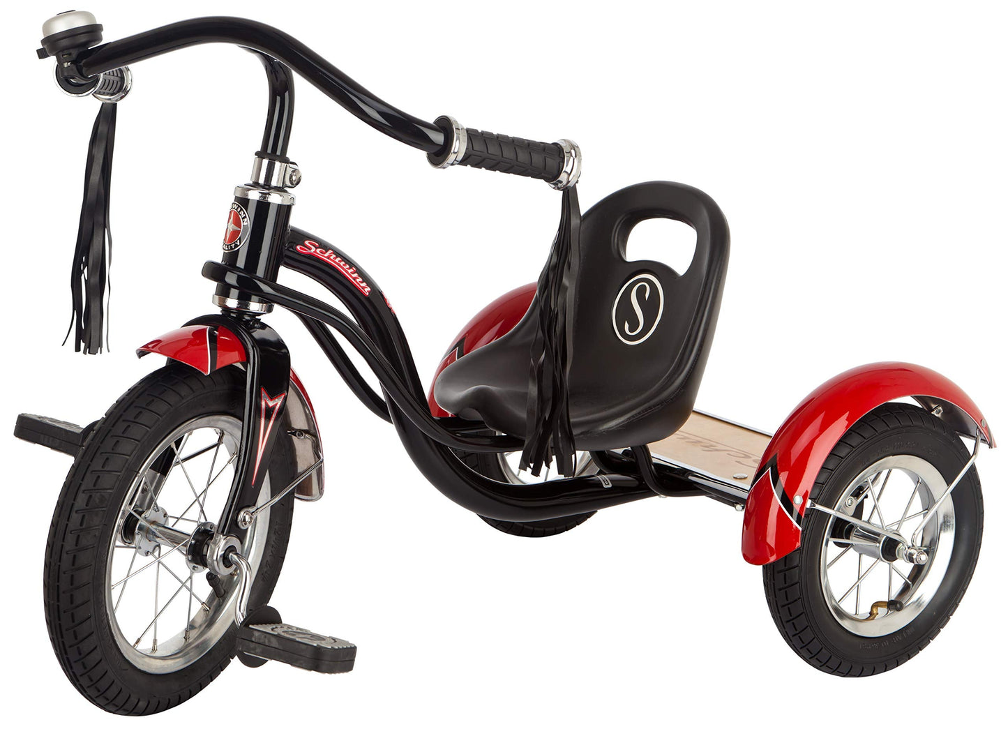 Schwinn Roadster Bike for Toddler, Kids Classic Tricycle, Low Positioned Steel Trike Frame with Bell and Handlebar Tassels, Rear Deck Made of Genuine Wood, for Boys and Girls Ages 2-4 Year Old, Black