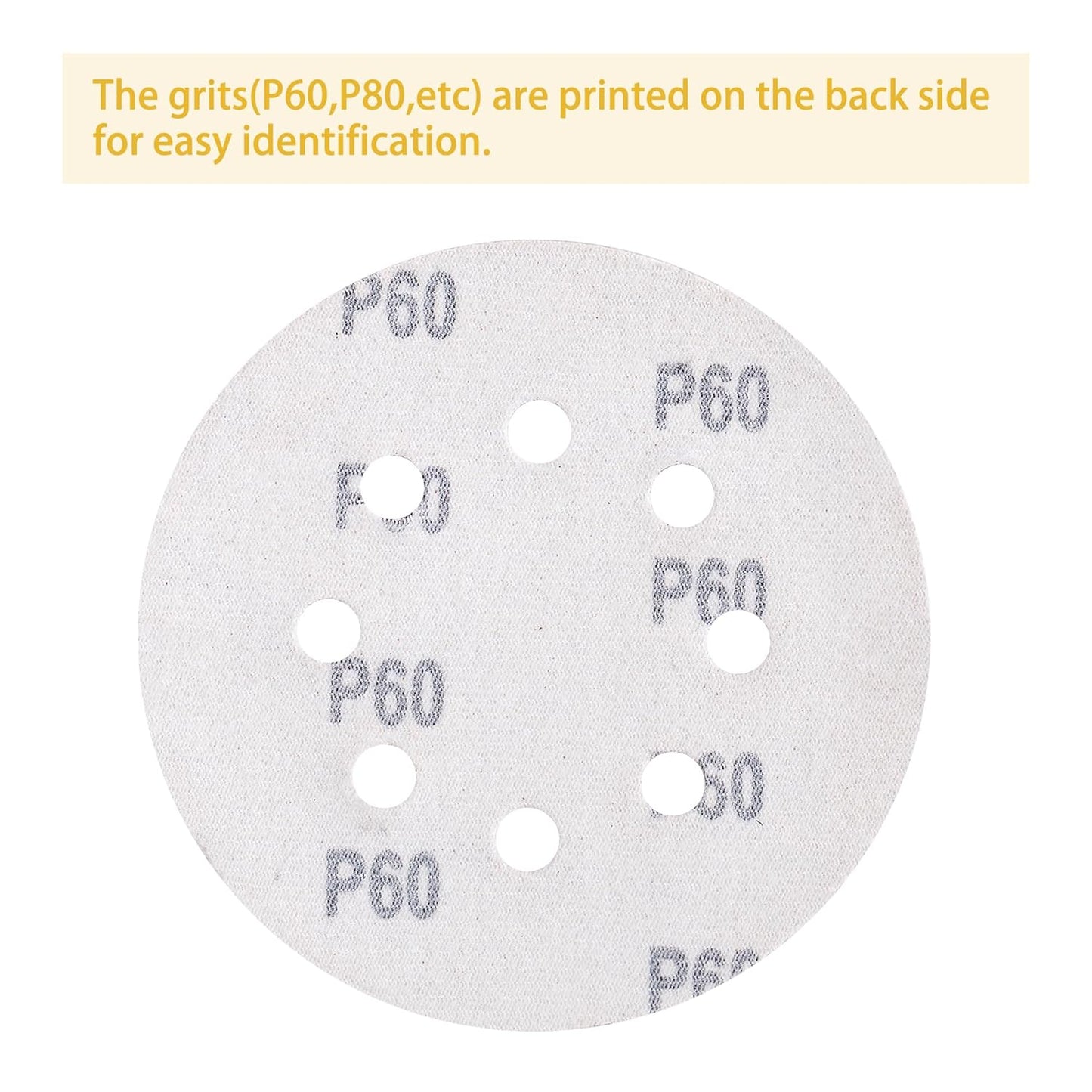 150PCS 60 Grit Gold Sanding Discs, 5-Inch 8-Hole Sandpaper for Random Orbital Sander,for Automotive or Woodworking