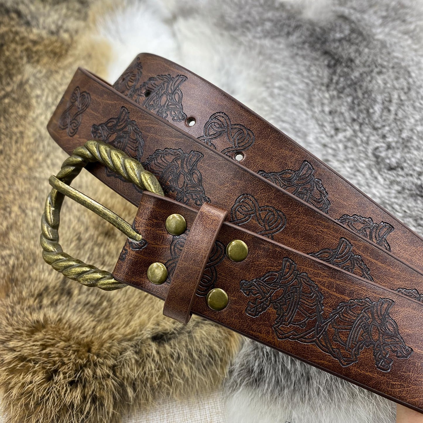 HiiFeuer Viking Fenrir Embossed Buckle Belt and Bag Set, Vintage Faux Leather, Brown
