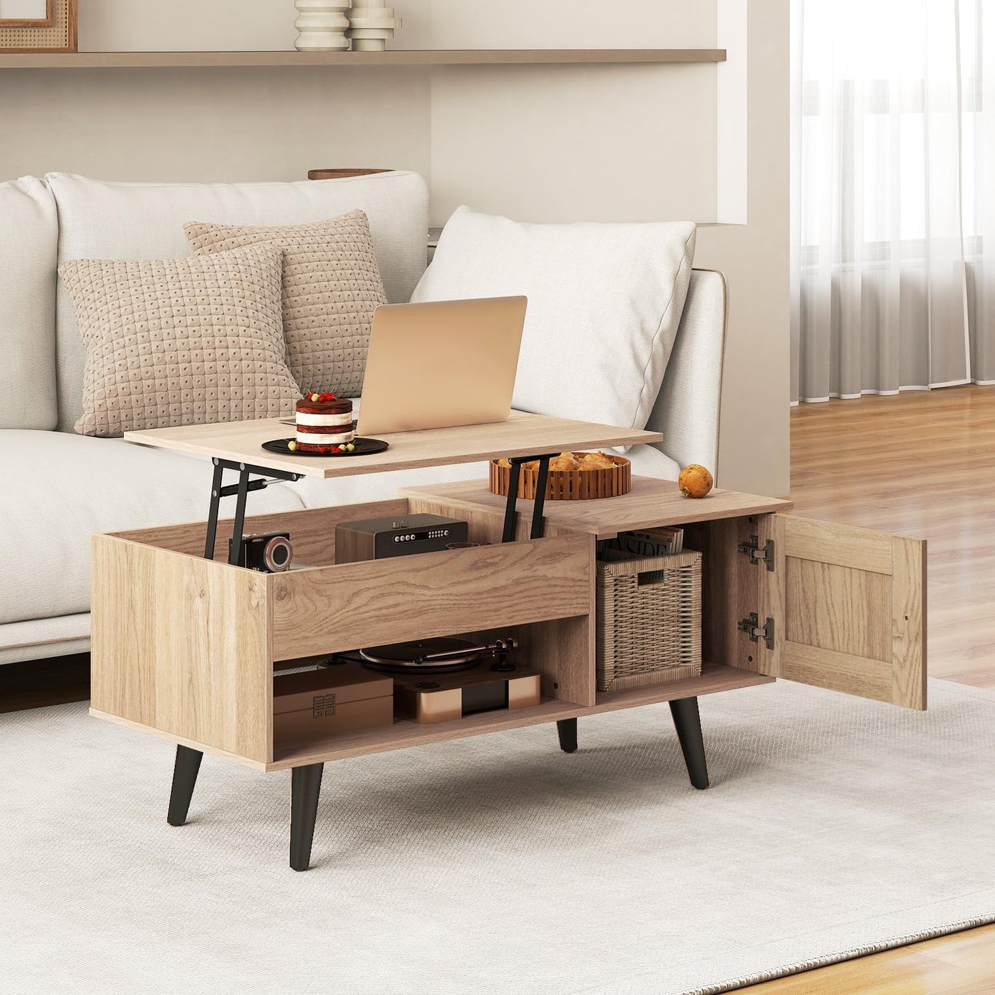 Tangkula Lift Top Coffee Table with Storage, Living Room Table with Hidden Compartment, Cabinet & Open Shelf, Flip Top Center Table, Pull up Coffee Table for Home, Office (Natural)