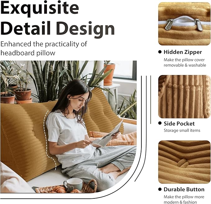 Wedge Headboard Pillow Dorm Room Reading Pillow Back Support for Sitting Up in Bed Bolster Lumbar Cushion Body Positioning Bedrest Corduroy (Khaki, Twin (39 * 8 * 20in))