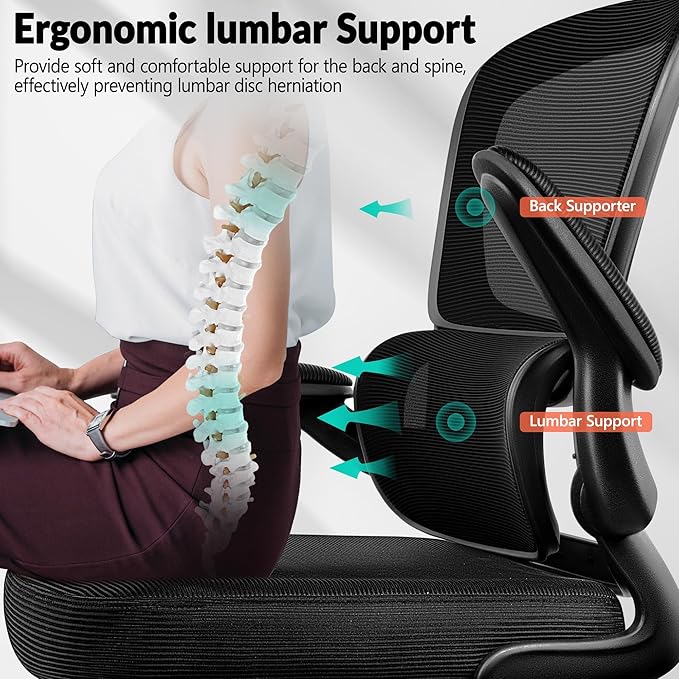 BESTFAIR Office Chair Ergonomic Desk Chair, Breathable Mesh Comfy Chair with Lumbar Support, Computer Chair, Home Desk Chair with Flip-up Armrests, Gaming Chair for Adults Home Office (Black,10Pack)