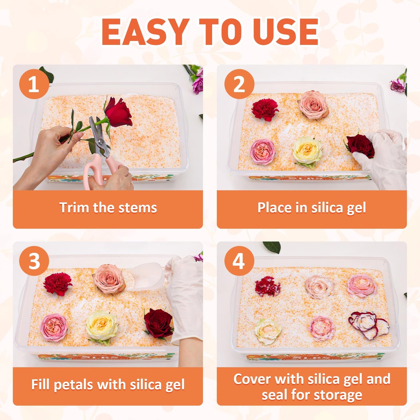 TUXIYA 10LBS Silica Gel Flower Drying,Reusable Flower Drying Silica Gel Crystals with 2PCS 6L Airtight Containers, Color Indicating Flower Preservation Kit for Drying Flowers Bead Size<1mm