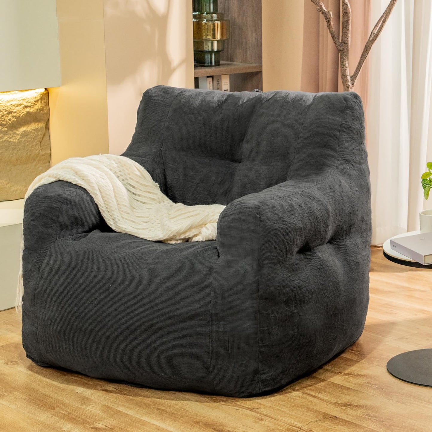 Stmoze Bean Bag Chair, Bean Bag Chair for Adults, Fluffy and Comfy Bean Bag with Filler, Bean Bag Sofa Chair for Reading, Gaming, Stuffed High-Density Foam, Grey
