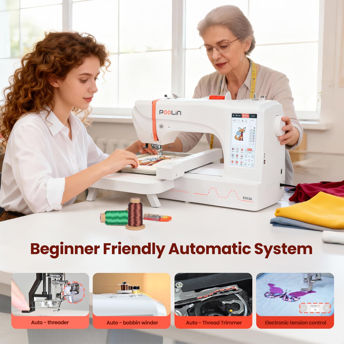 PooLin Pro Bundle for Small Business EOC06 Computerized Embroidery Machine,11"x7.9",7.9"x7.9",5.5"x5.5" with 60 Colors Embroidery Thread,Cloud Cover 7" x 7" (50pcs),Size Bobbins,12*50 yards Cut Away