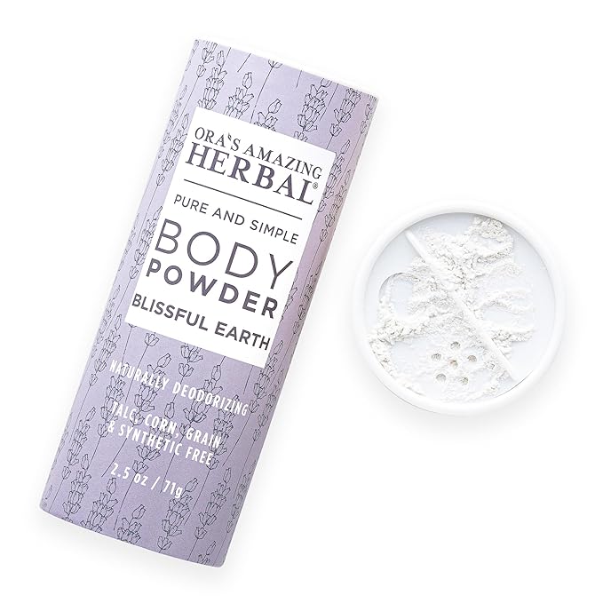 Ora's Amazing Herbal Talc Free Body Powder for Women, Cornstarch Free Talcum Dusting, Grounding Relaxation Scent, Essential Oils Lavender, Vetiver, Clary Sage, Blissful Earth 2.5 oz