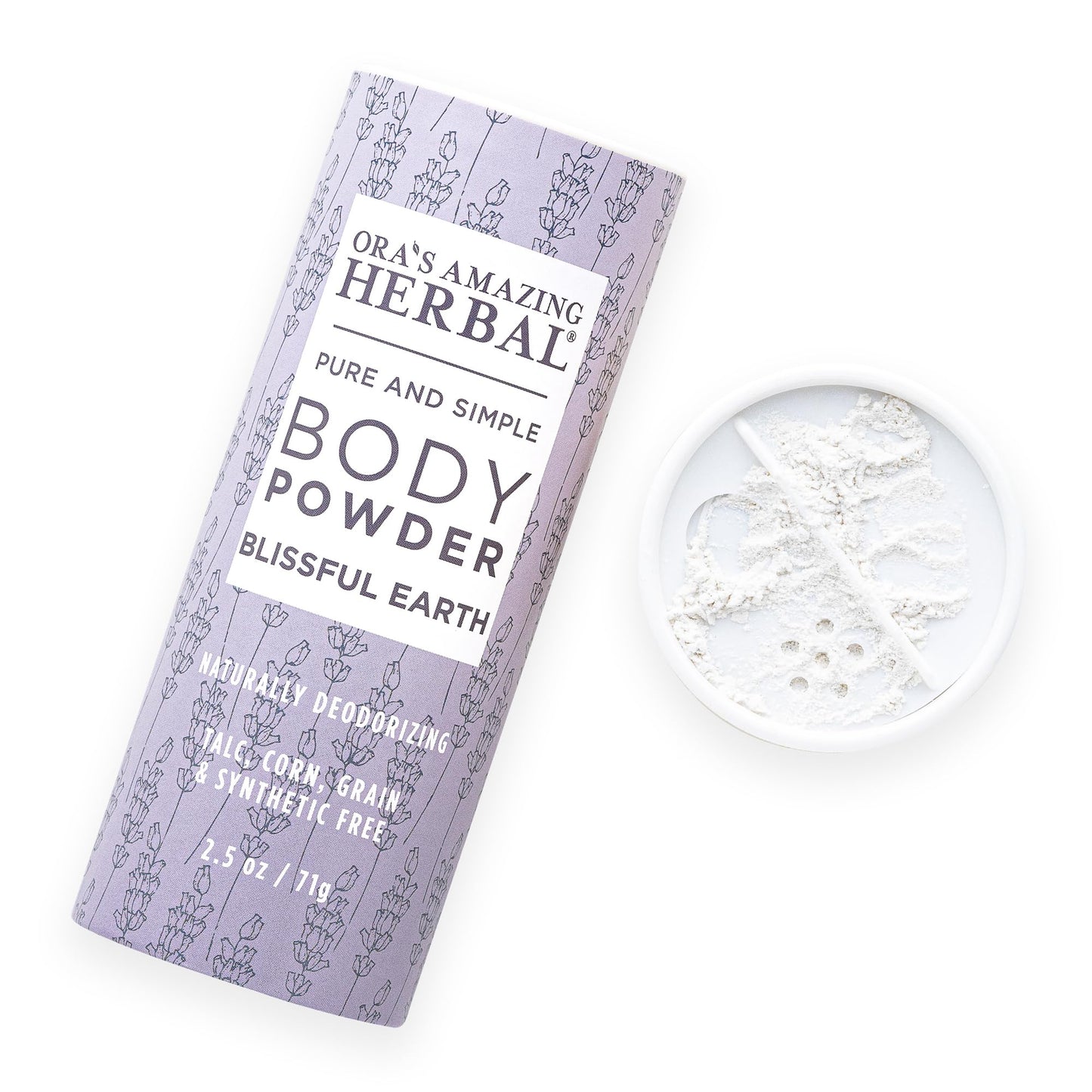Ora's Amazing Herbal Talc Free Body Powder for Women, Cornstarch Free Talcum Dusting, Grounding Relaxation Scent, Essential Oils Lavender, Vetiver, Clary Sage, Blissful Earth 2.5 oz
