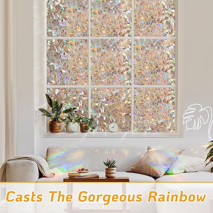 LUTE Window Privacy Film, Rainbow Window Flim, 3D Decorative Stained Glass Cling, Non-Adhesive Vinyl Static Cling Removable Glass Sticker, Sun UV Blocking Covering for Home, Brown, 23.6 x 78.7 inches