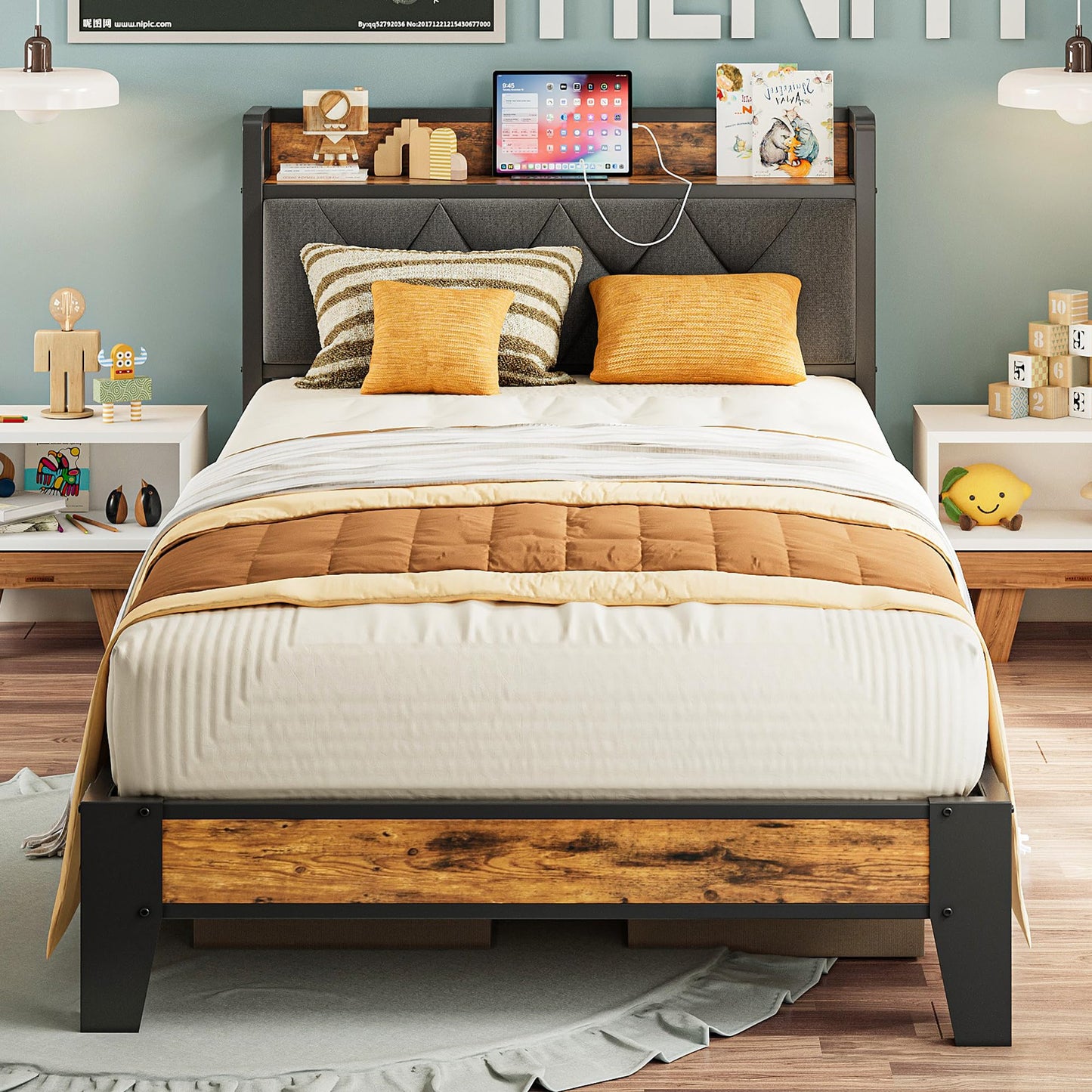 ANCTOR Twin XL Bed Frames, Storage Headboard with Outlets, Easy to Install, Sturdy and Stable, No Noise, No Box Springs Needed - Perfect for a Good Night's Sleep