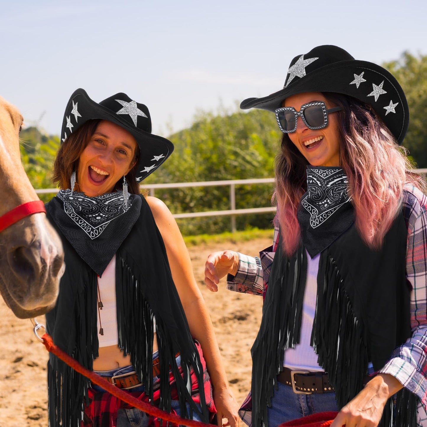 Tiamon Western Costume Accessories for Women Cowgirl Tassels Fringe Vest Cowboy Hat Rhinestone Earrings Glasses Paisley Bandana 70s Hippie Outfits(Black)