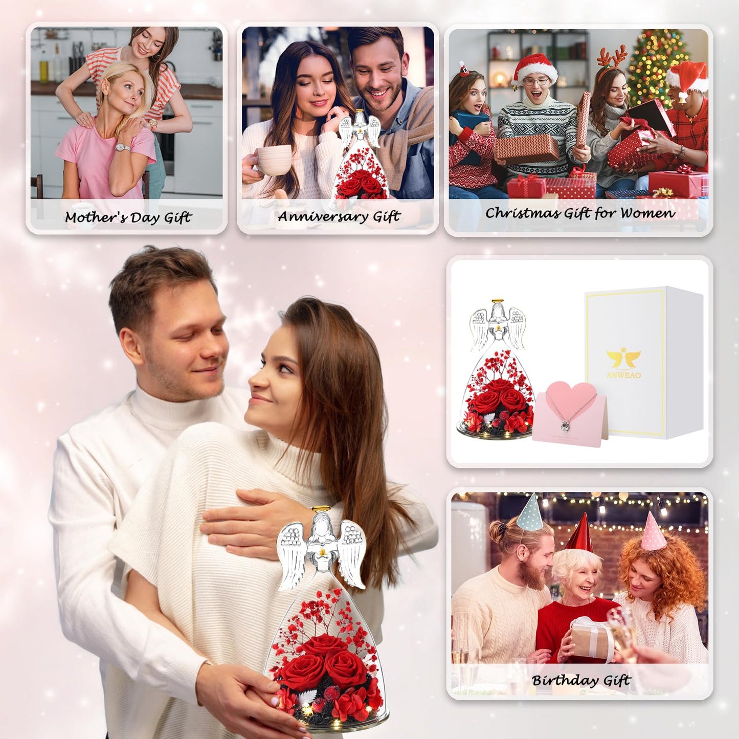 ANWEAO Mom Birthday Gifts,Flowers for Delivery Prime,Preserved Three Red Rose with Lights,Preserved Flowers Rose in Glass Angel Figurines,Angel Gifts for Women Grandma Mom Wife Sister Her Friend