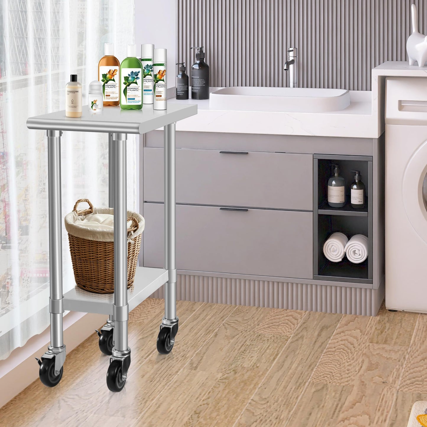 HARDURA Stainless Steel Commercial Table Prep & Work Table with Casters Heavy Duty Metal Table with Wheels NSF 430 24×15 Inches