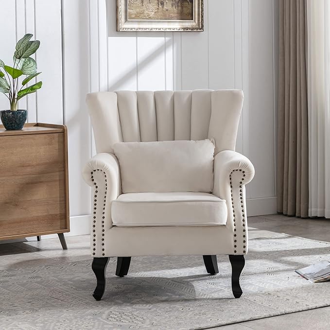 DM Furniture Velvet Accent Chairs Set of 2 with Arm Comfy Living Room Chair Mid-Century Modern Wingback Side Chair Single Sofa Couch for Bedroom Guest Room, Cream