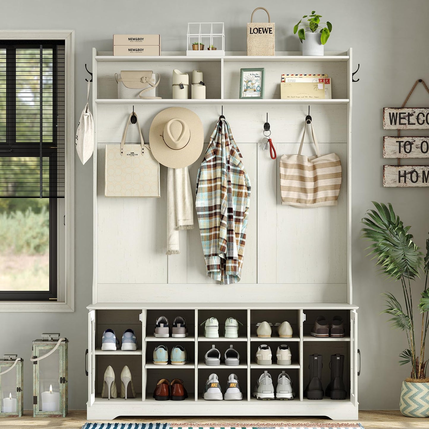 Furnihold 51.3'' Hall Tree, Off White Entryway Bench with Coat Rack, 10 Shoe Storage & 7 Coat Hooks & Adjustable Shelf, Glass Door Farmhouse Wooden Style Hall Tree with Shoe Storage Bench