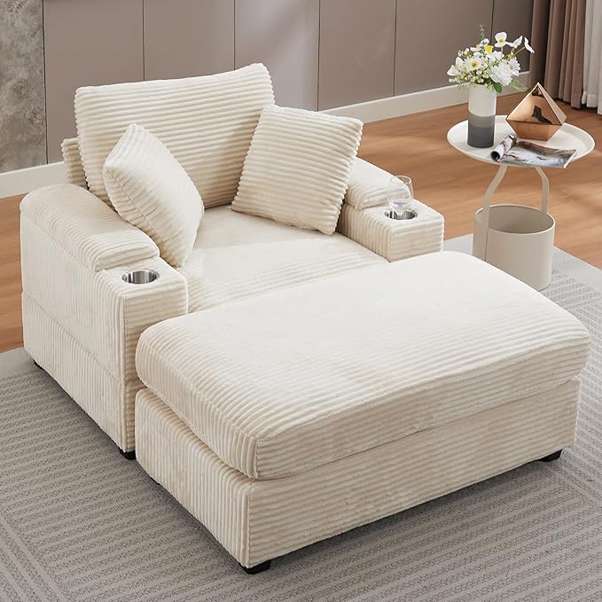 50" Oversized Chaise Lounge Chair Indoor with Ottoman and Storage, Comfy Corduroy Sleeper Chair with Cup Holder, Deep Seat Upholstered reading Chair, Reclining Chair for Living Room, Bedroom(Beige)