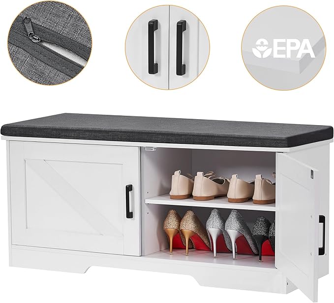 HOMSHO 2-Tier Storage Bench, 39.4" Wide Shoe Bench with Padded Seat Cushion, Entryway Bench with 2 Barn Doors and Adjustable Shelf, White