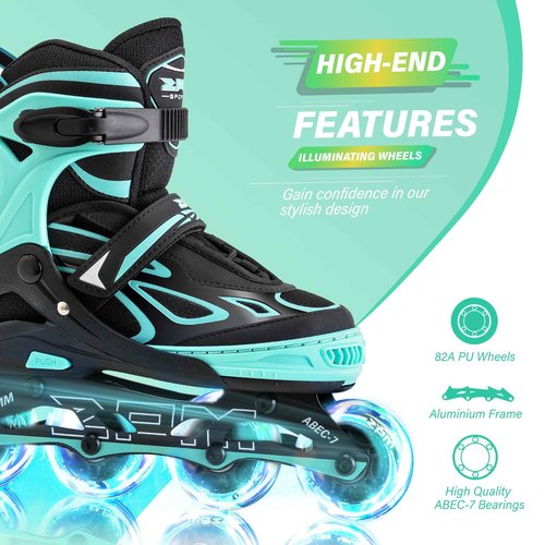 2PM SPORTS Vinal Girls Adjustable Flashing Inline Skates, All Wheels Light Up, Fun Illuminating Skates for Kids Women and Men - Mint Medium