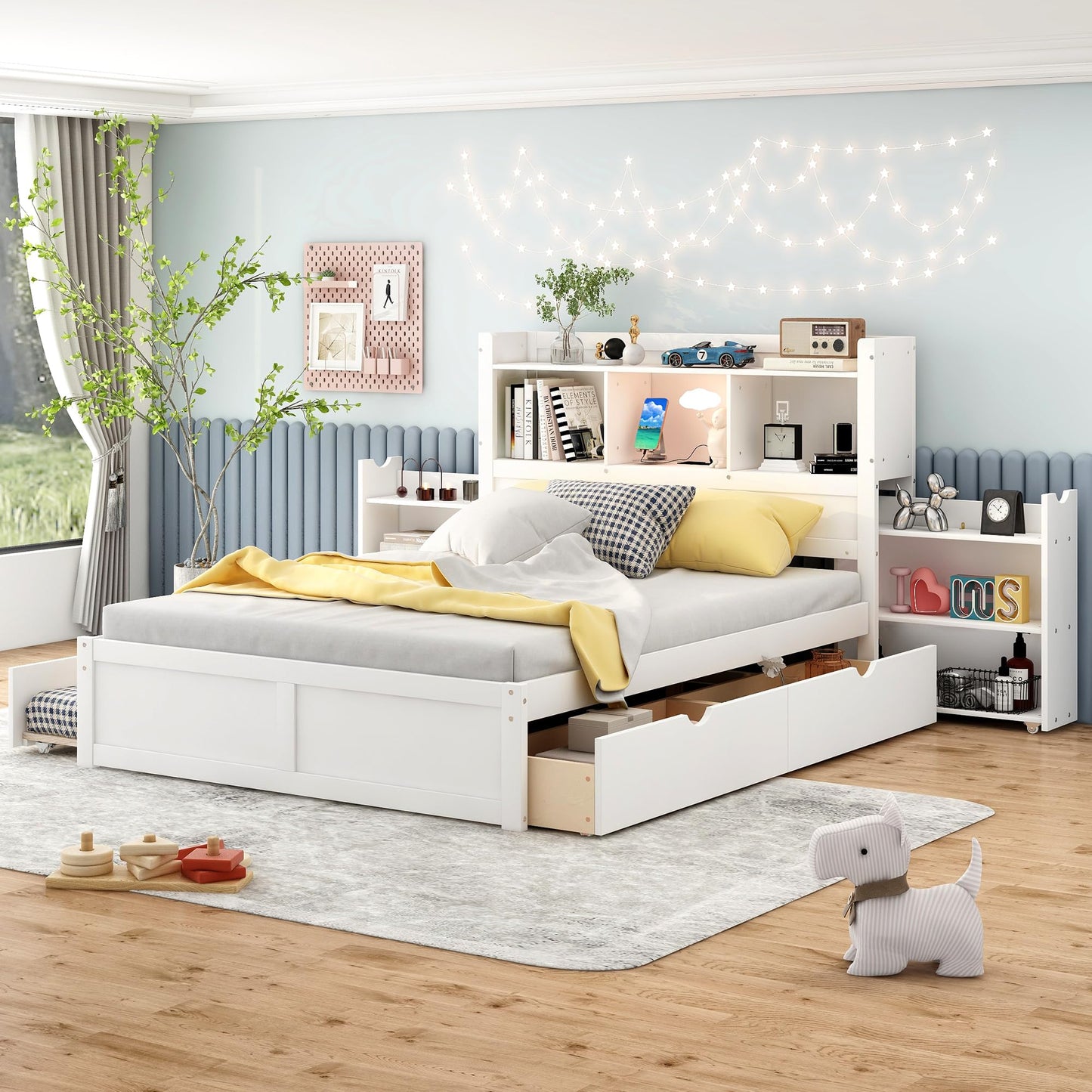 Full Size Storage Bed with Bookcase Headboard and Trundle, Wood Platform Bed Frame with Charging Station, Pull Out Shelves and Drawers for Kids Teens Adults, No Box Spring Needed,White
