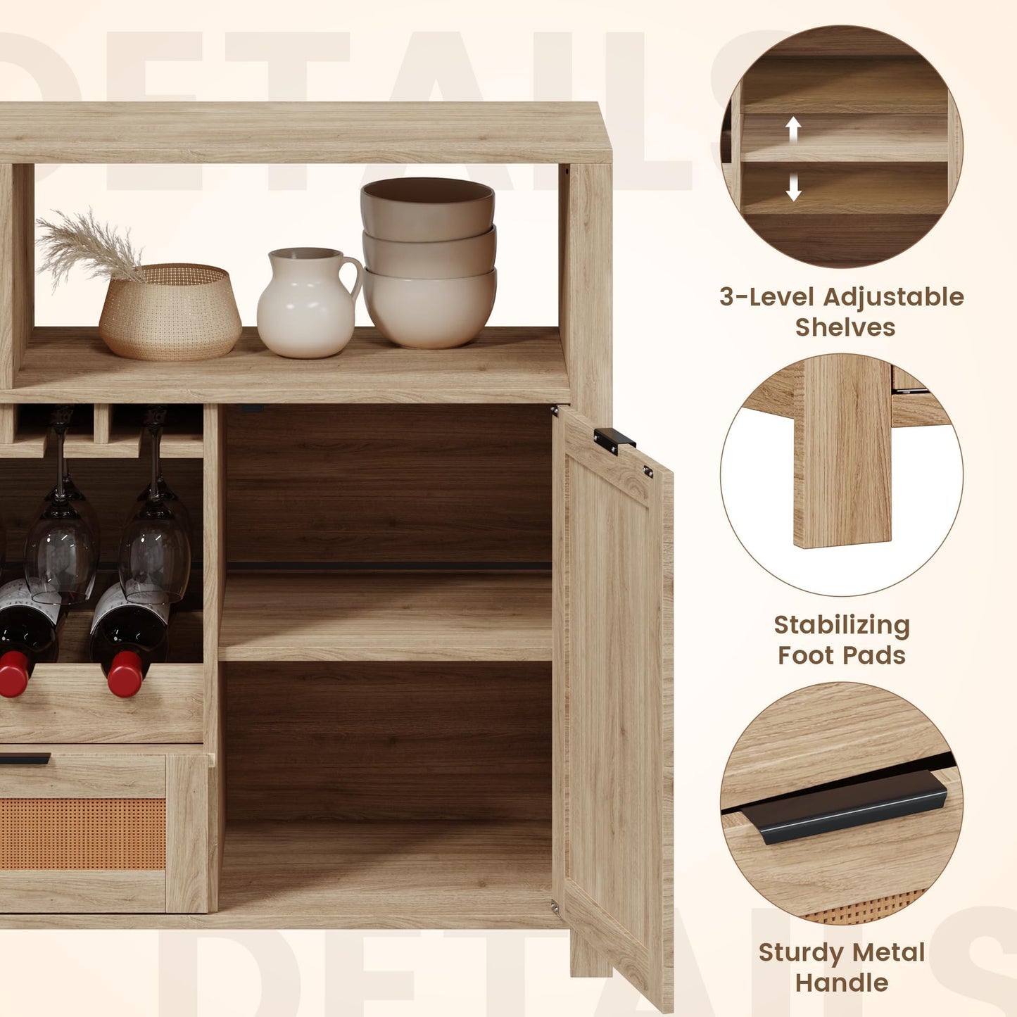 EROMMY Buffet Cabinets with Storage, 51" Rattan Sideboard with Removable Wine Rack and Glass Holders, Boho Farmhouse Wine Liquor Cabinet for Kitchen Dining Living Room Entryway (Natural)