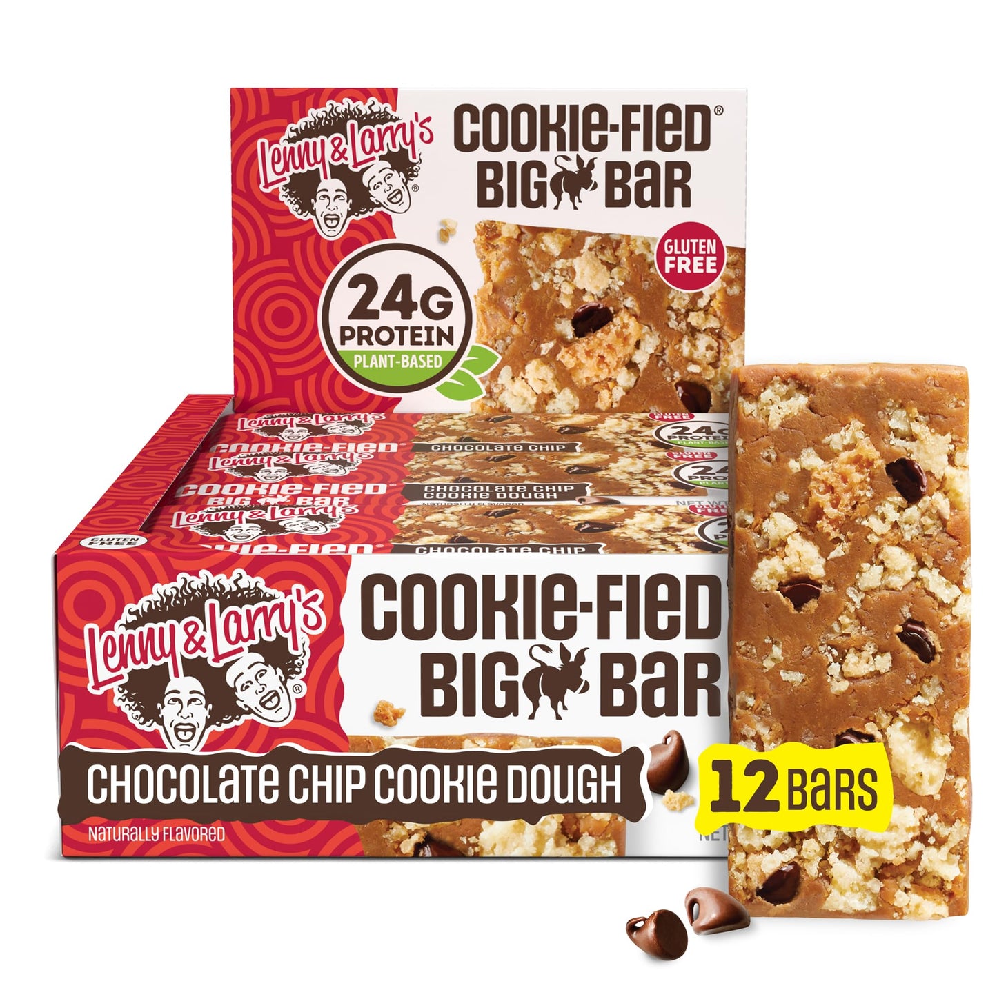 Lenny & Larry's Cookie-fied BIG BAR – Chocolate Chip Cookie Dough Vegan Protein Bars 12x90g – Healthy Snacks, 24g Plant Protein & 10g Prebiotic Fiber – Gluten free Power Bar, Keto Friendly & Vegan