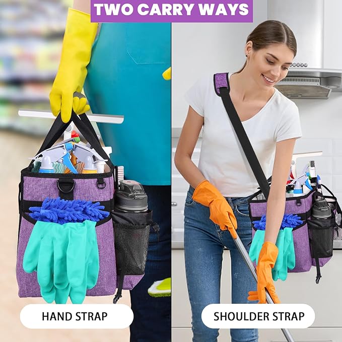Large Cleaning Caddy Bag Built-in Sturdy Support Board, Cleaning Organizer with Detachable Divider, Cleaning Supply Tote with Adjustable Shoulder Strap&Waist Belt for Cleaners & Housekeeper