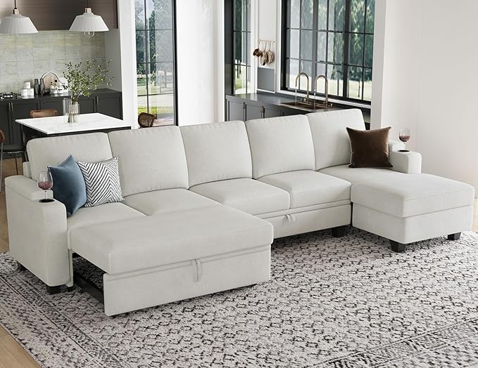 Belffin Modular Sectional Sleeper Sofa Bed with Storage Chaise L Shaped Sectional Couches for Living Room Armrest with Cup Holder. White Couch