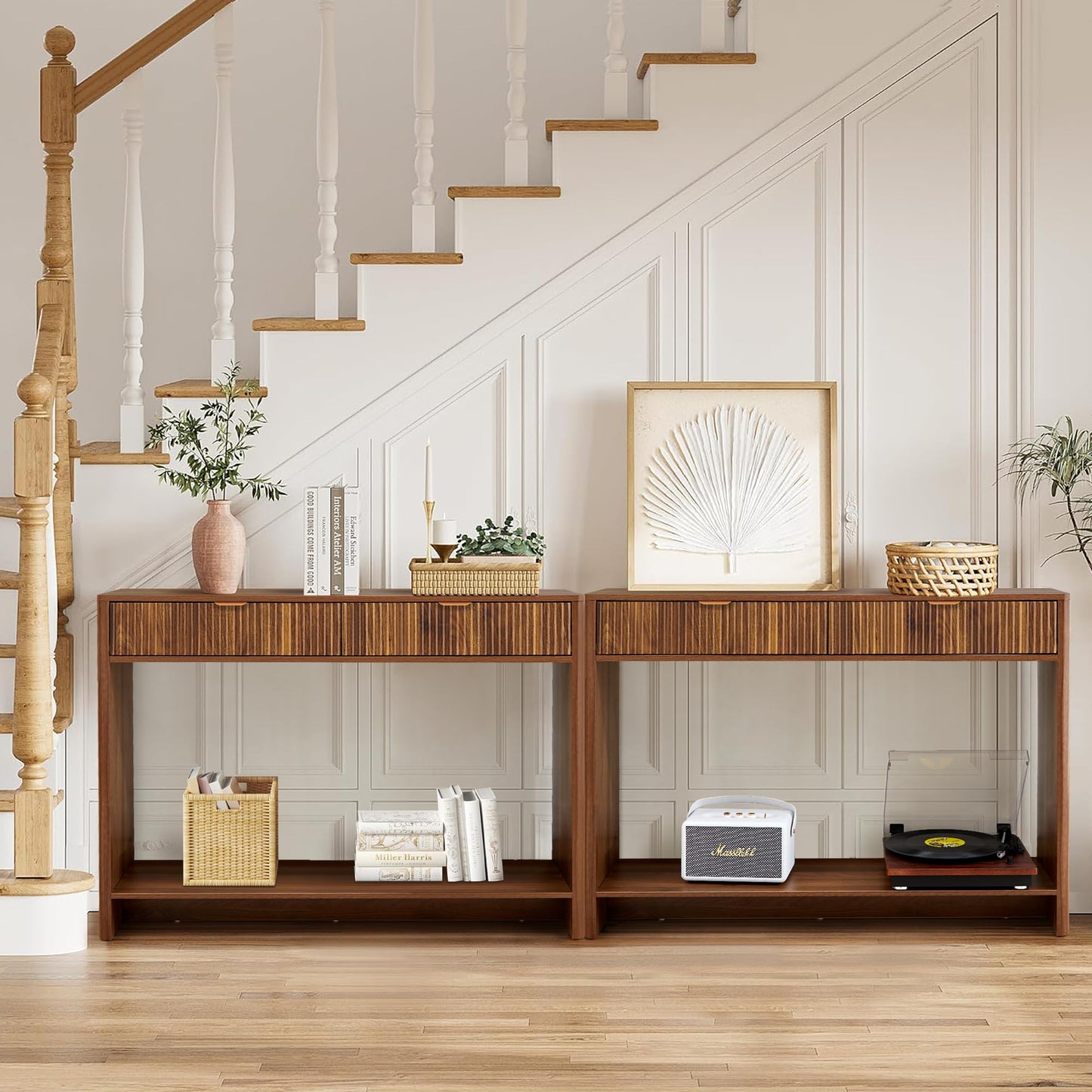 affeivul Entryway Table with Storage, Narrow Console Table with 2 Drawers, 43.3' Couch Table Behind Sofa Skinny for Living Room TV/Hallway Entrance Foyer, Mid Century Farmhouse Fluted Console Table