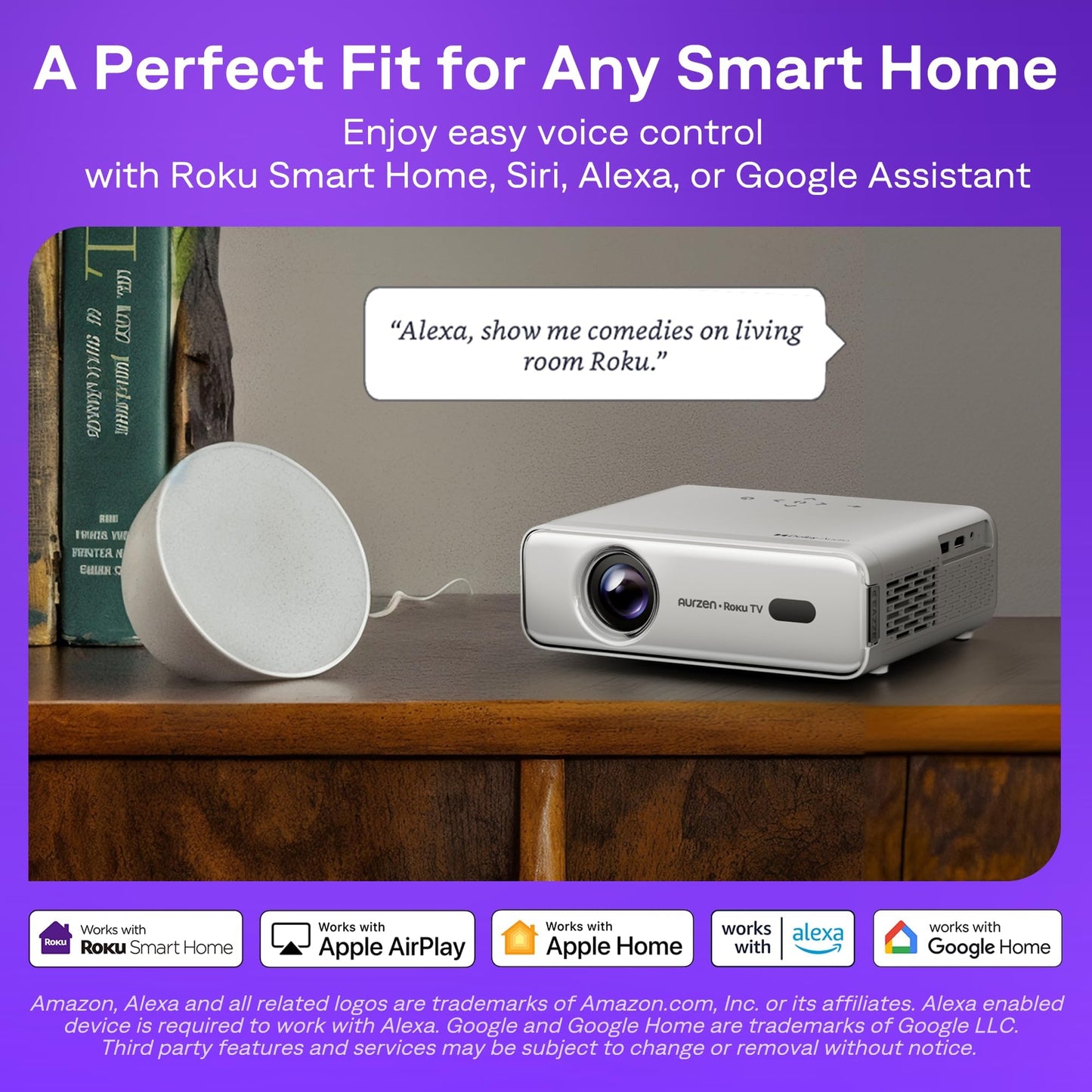 Aurzen Roku TV Smart Projector with Wifi and Bluetooth, Roku TV Built-in, 1080P FHD, DoIby Audio, Auto Focus & Keystone, Zoom, Movie Portable Outdoor Mini Projector for Soccer Football Game, White
