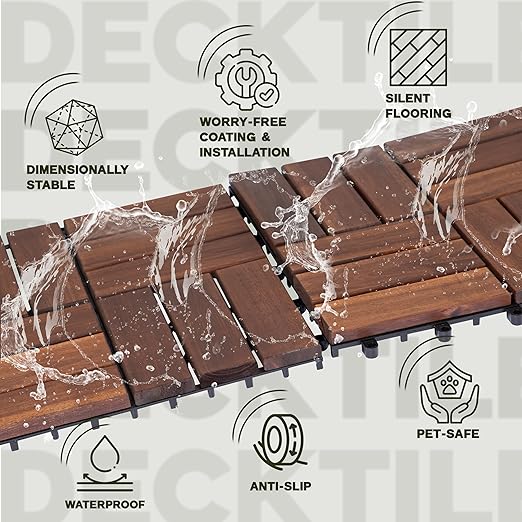 VICTORY RELAX Acacia Wood Decking Tiles 27PCS - Easy Snap Interlocking Deck Tiles for Patio Poolside Balcony Decor - All Weather Waterproof Flooring for Indoor & Outdoor (Round Joints)