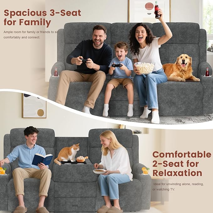 Recliner Sofa, Massage Reclining Sofa 3 Seater Sets Fabric Reclining Couch, RV Loveseat Couch Clearance with Flip Back Console, Storage, Cup Holders, Wall Hugger Reclining Couch for Living Room