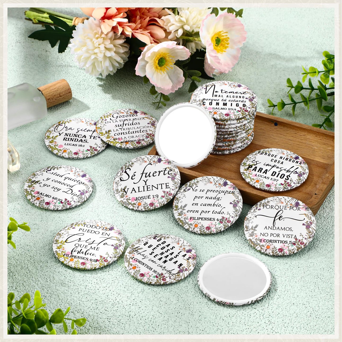 GlikCeil 40 Pcs Mini Bible Verse Compact Mirrors Bulk Religious Christian Gifts Wildflower Theme Pocket Mirrors Portable Small C