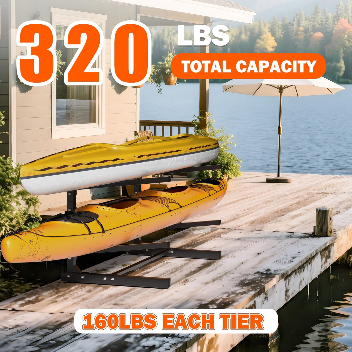 Ultrawall Kayak Storage Rack, Freestanding Kayak Rack for Garage, Adjustable Kayak Stand, Heavy Duty Paddle Board Rack for Kayak, Canoe, Surfboard, 320lbs Capacity, Indoor & Outdoor Use, 2 Levels