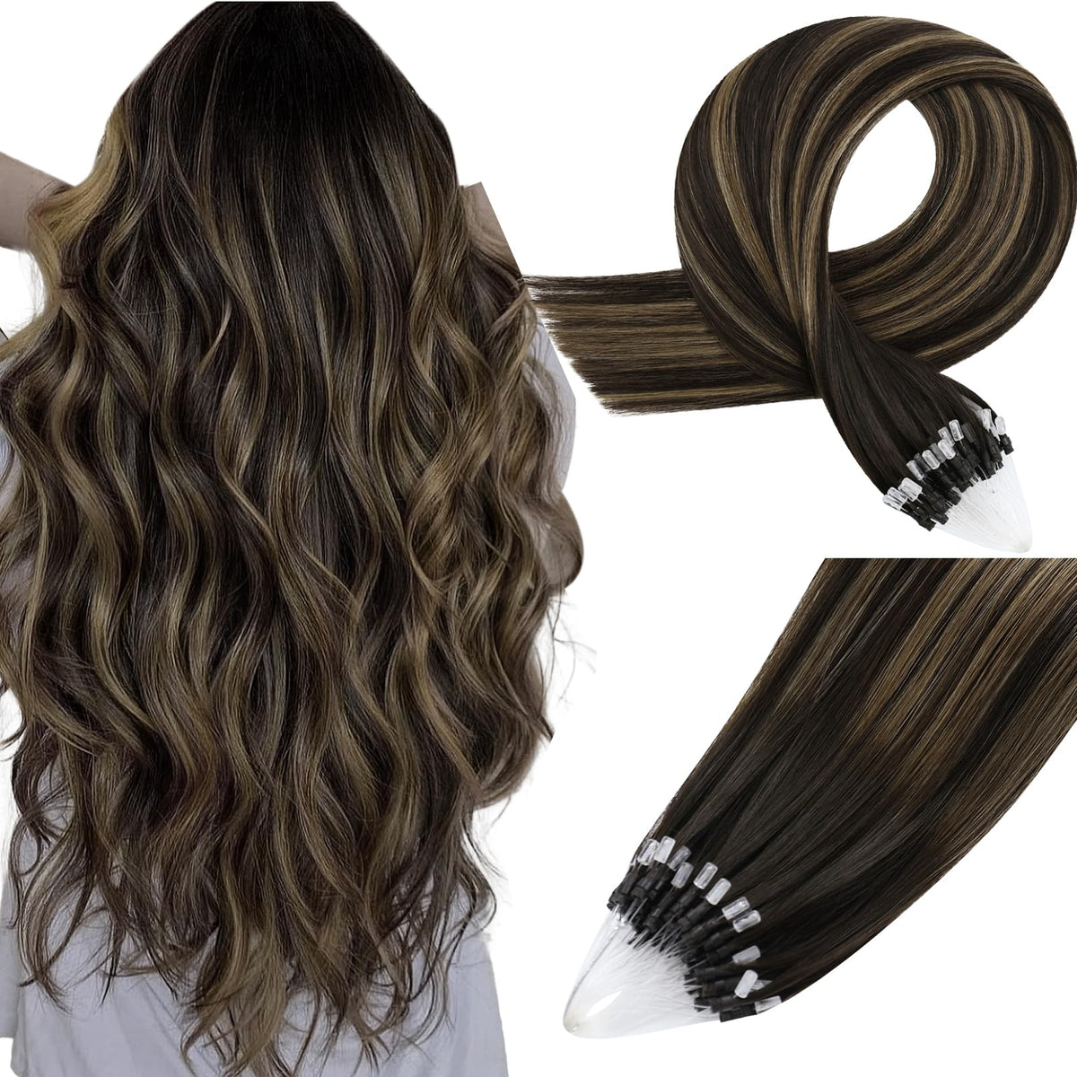 Easyouth Micro Loop Hair Extensions Balayage Micro Bead Hair Extensions Real Human Hair Dark Brown to Brown Ombre Microbead Hair