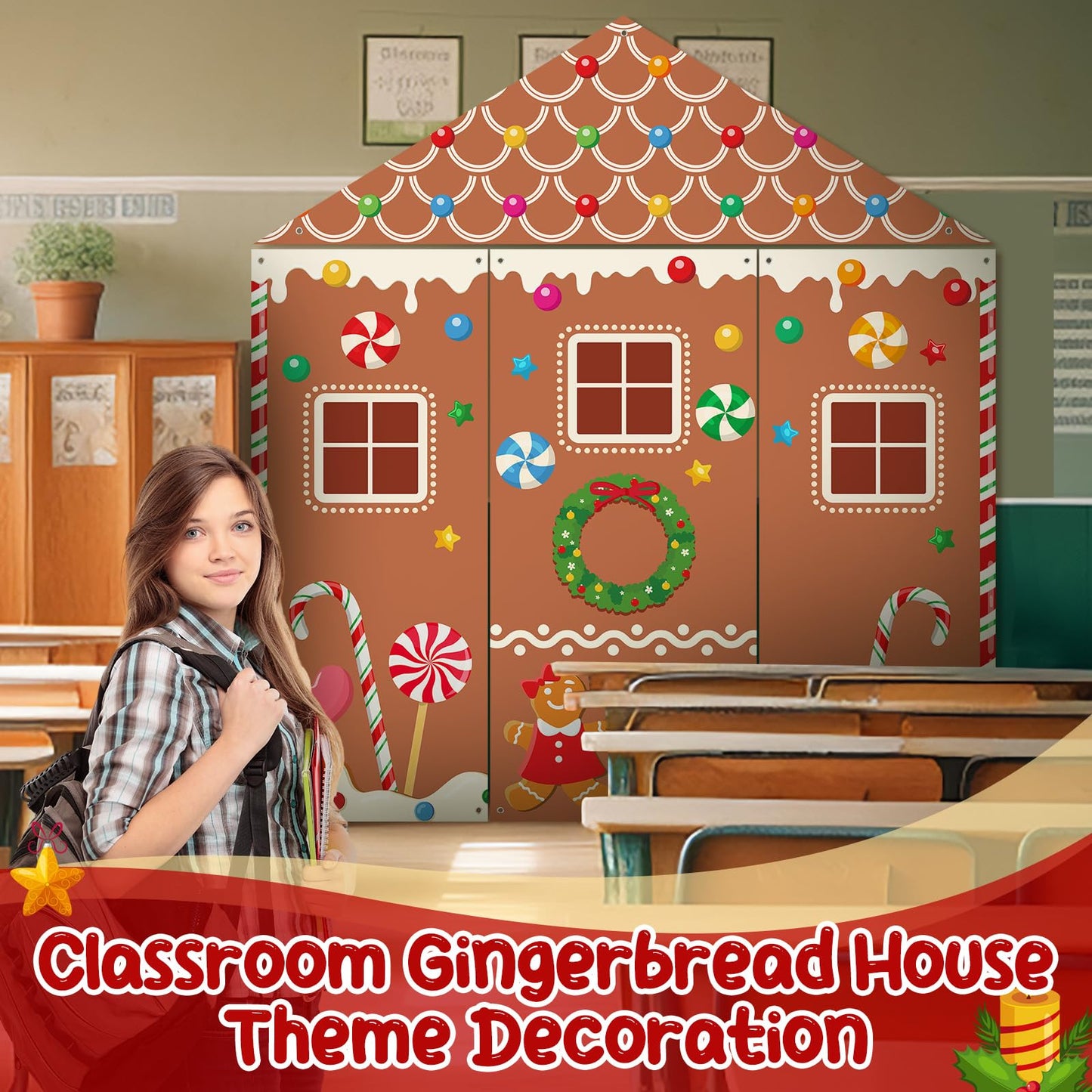 Vitalcozy 4 Pcs Summer Christmas Gingerbread Door Decorations Xmas Gingerbread House Candy Door Covers Backdrop Christmas Hanging Banner Porch Sign for Holiday Classroom Office Home Party Decor