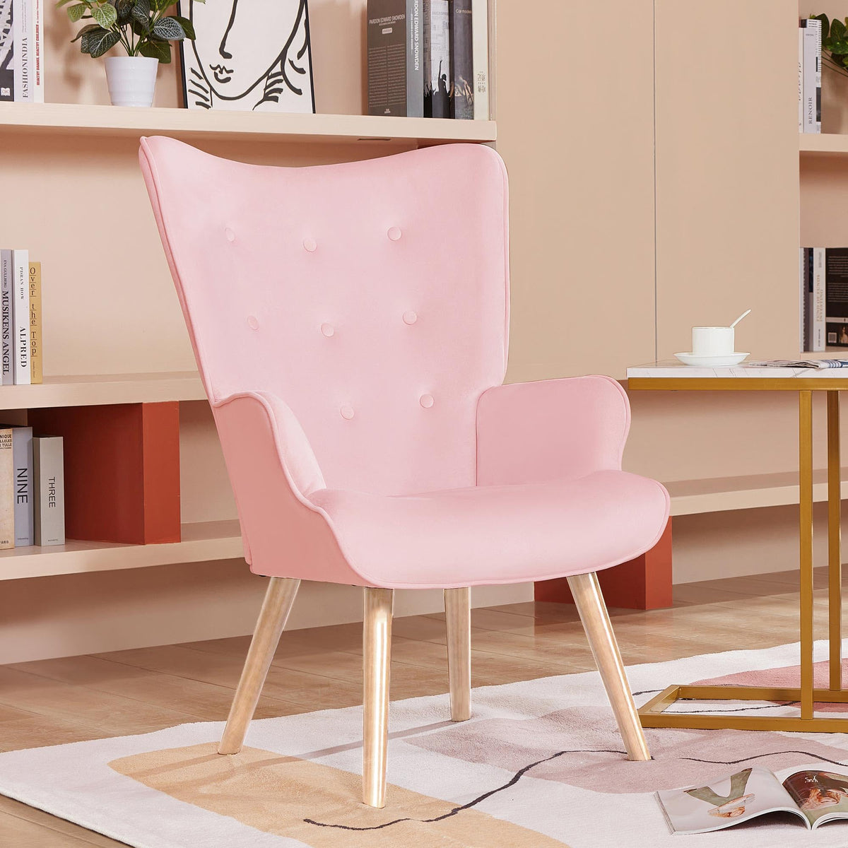 PrimeZone High Back Accent Chair - Large Mid-Century Modern Living Room Chair Reading Chair with Comfy Memory Foam Seat Cushion, Velvet Wingback Armchair for Bedroom, Corner, Pink