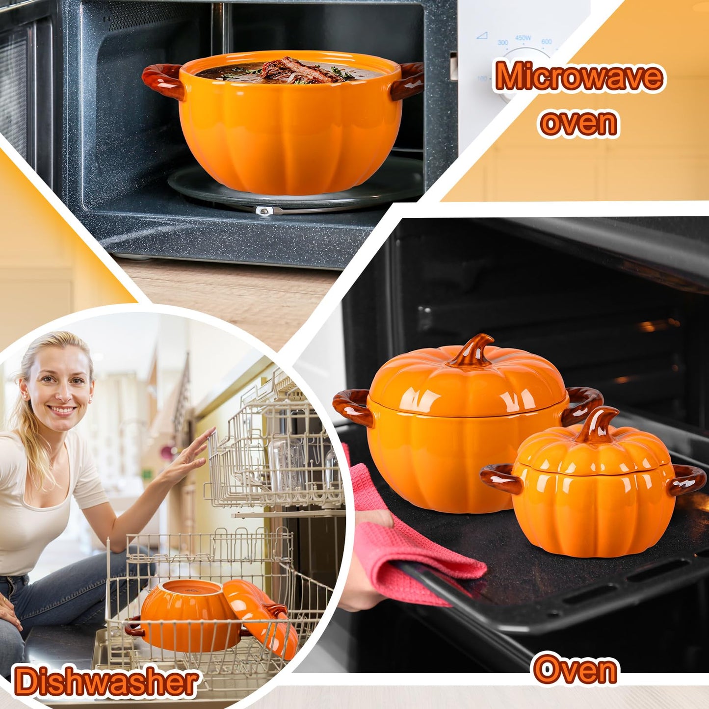 Maxdot Set of 5 Ceramic Pumpkin Bowls with Lid and Handles Pumpkin Shape Soup Serving Pot Storage Jar for Fall Thanksgiving Halloween Party Kitchen Dessert Decoration 17Oz & 54Oz (Orange)