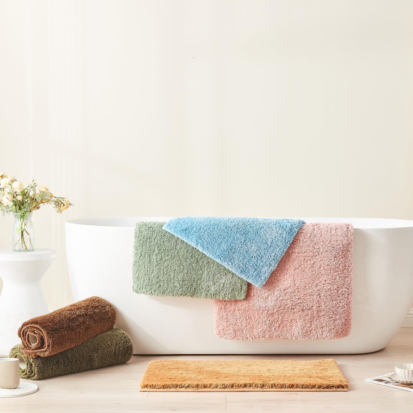 CozeCube Upgraded Shaggy Bath mat for Bathroom Non Slip 15.7" X 23.6", Super Soft Quick Dry Bath Rugs, Fluffy Plush Bathroom Rugs Machine Washable, Light Brown