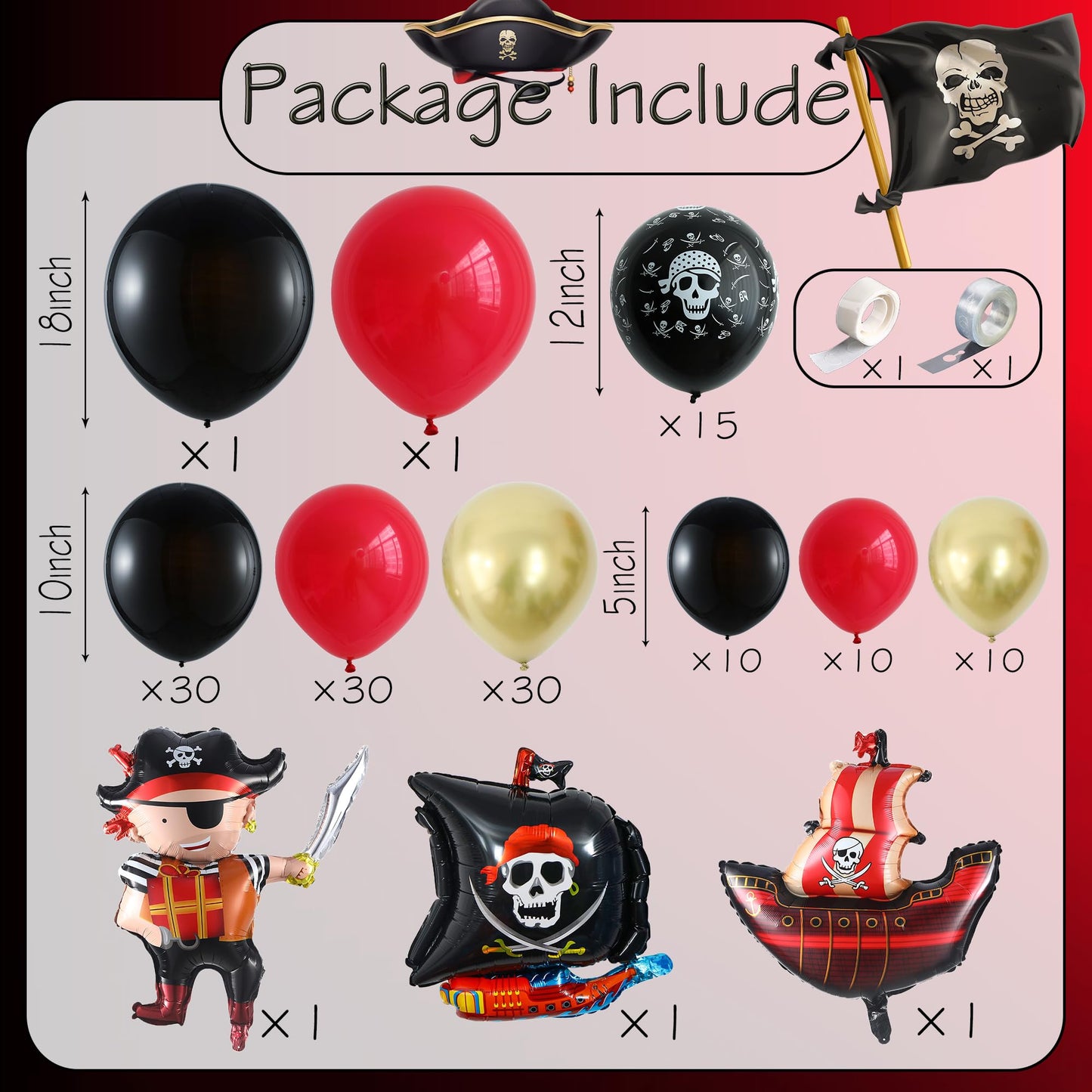 Pirate Birthday Party Decorations, 142Pcs Red Black Metallic Gold Balloon Garland Arch Kit with Pirate Ship Foil Mylar Balloon for Summer Sea Sailing Adventure Ocean Theme Halloween Party