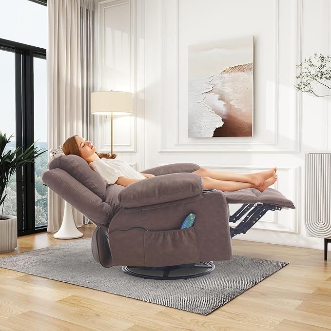 Comermax Massage Swivel Recliner with Heat, PU Leather Rocking Recliners Chair for Living Room, Modern Manual Recliner with Cup Holders, Overstuffed Single Sofa Chairs for Bedroom, Brown