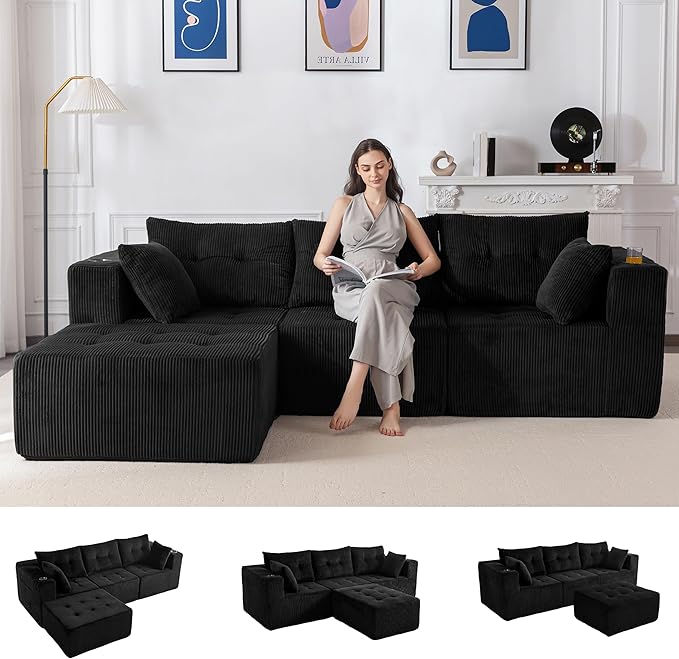 MAXYOYO Modular Sectional Sofa Couch, L Shaped Modern Cloud Couch with 1 Ottoman, Sofa in A Box, Tufted 4-Seat Boneless Sleeper Chair for Living Room, No Assembly Required, Black