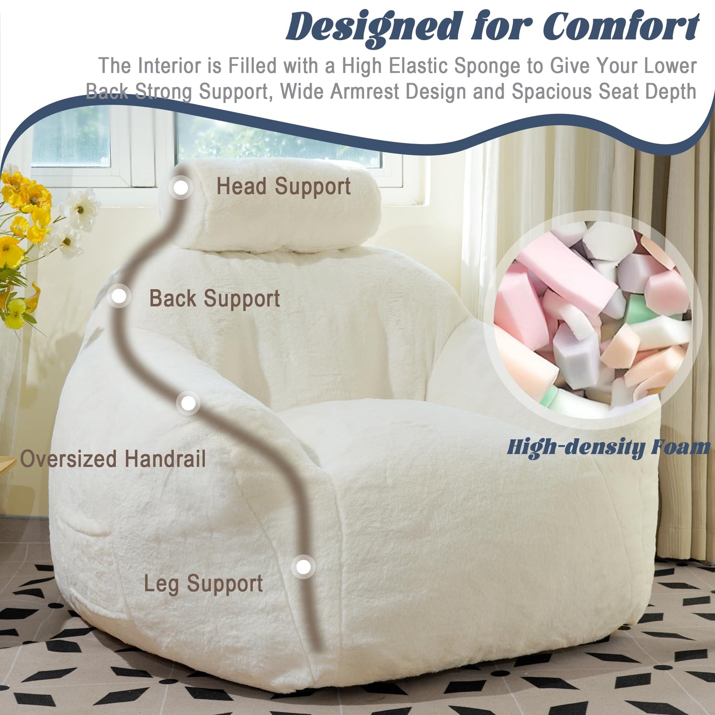 LFCREATOR Large Bean Bag Chairs for Adults, Faux Fur Fabric Giant Bean Bag Chair with Pillow, Soft Bean Bag Sofa Chair with Ergonomic Support, Beige Plush Lazy Sofa, White
