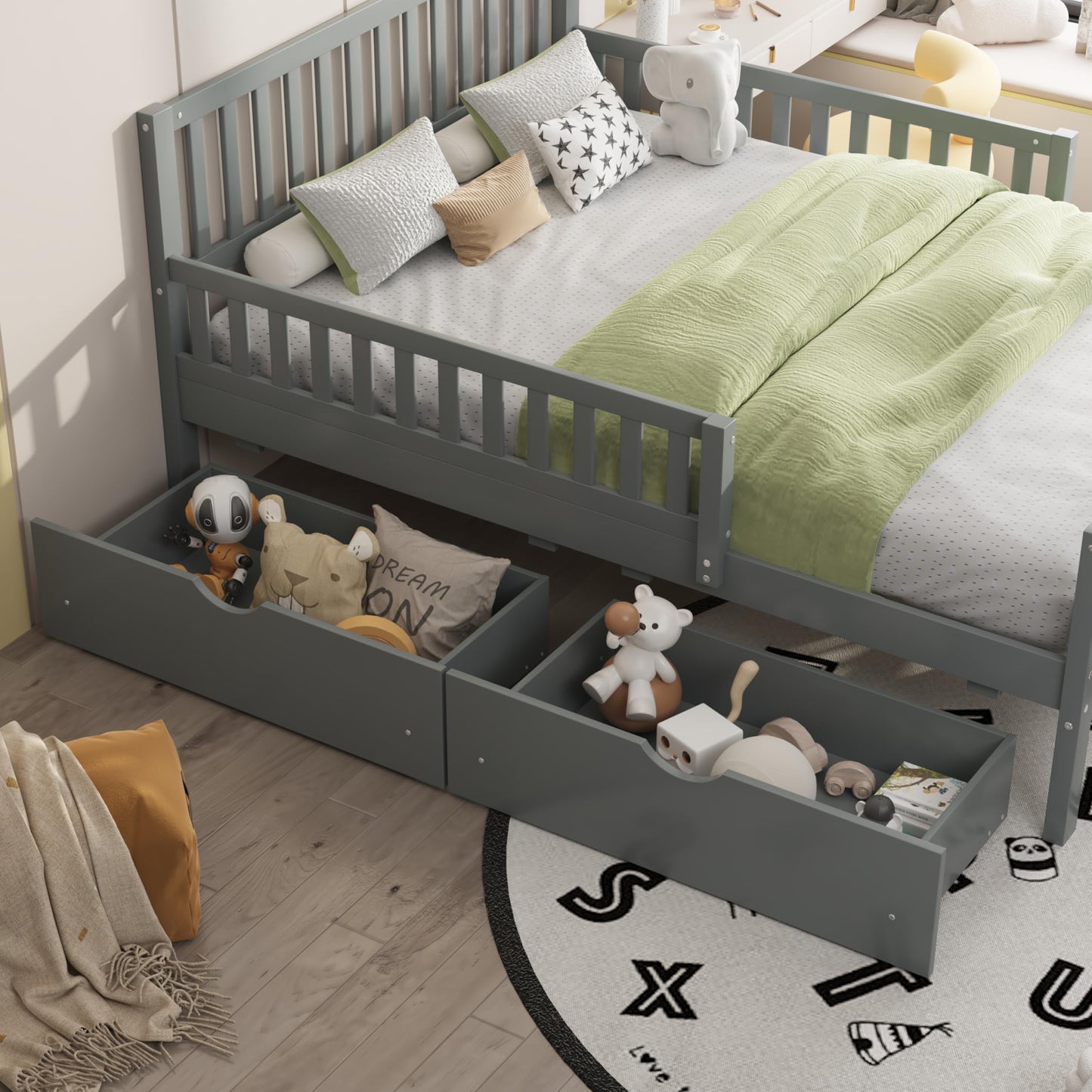 Bellemave Twin Bed Frames for Kids, Twin Bed Frame with Storage Drawers,Twin Bed with Rails, Kids Twin Bed, Twin Bed Frame for Boys/Girls/Adults， Gray