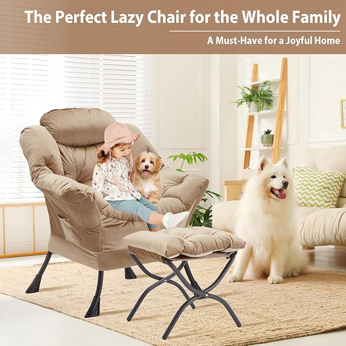 Youtanic Lazy Chair with Folding Ottoman, Accent Chair Velvet Upholstered with Metal Structure and Non-Slip Pads, Sofa Armchair with Footrest and Side Storage Bag for Dorm, Room, Office, Khaki