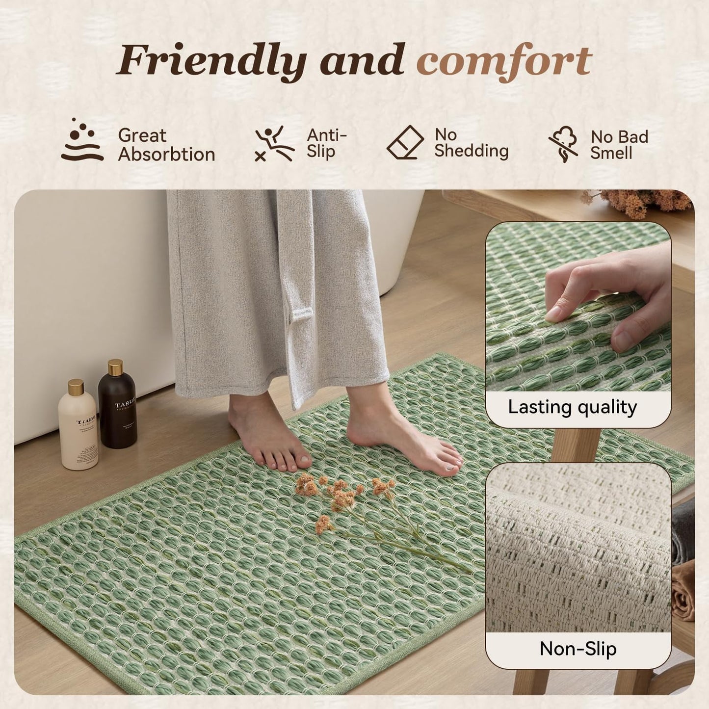 AMOAMI Unique Woven Bathroom Runner Rug, Super Absorbent Non Slip Bath Mats for Bathroom Textured Bathroom Mat Quick Dry Boho Rugs Runners for Hallyways Kitchen Bedroom Beside Tub, 2' x 6', Sage