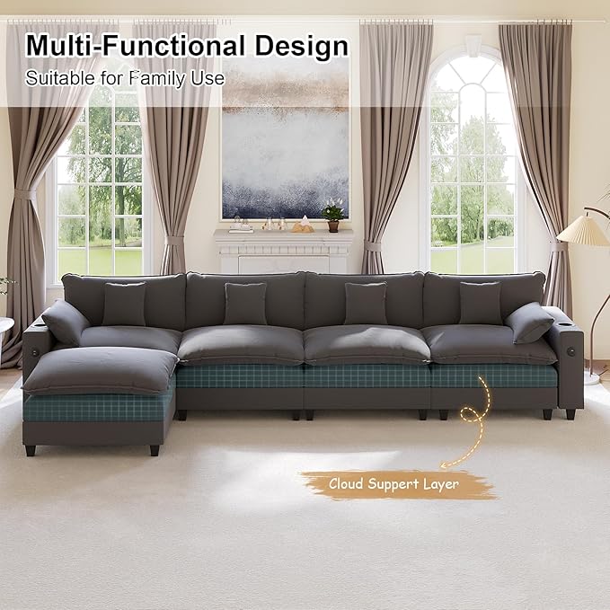 KCGKCG 152" Modular Sectional Sofa, L Shaped Cloud Couch with Movable Ottoman, Chenille Deep Seat Cloud Sofa with Charging Station, Cup Holder, Side Pocket, Sectional Couches for Living Room, Grey