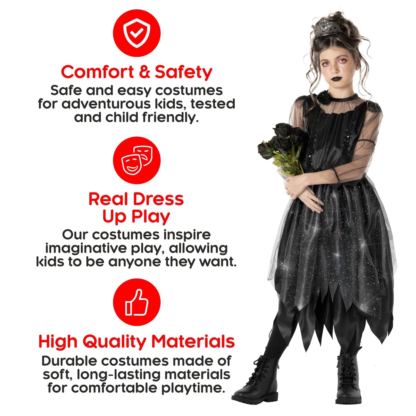 Morph Kids Gothic Witch Costume For Girls - Black Witch Dress For Kids - Spooky Halloween Outfit For Girls, Small