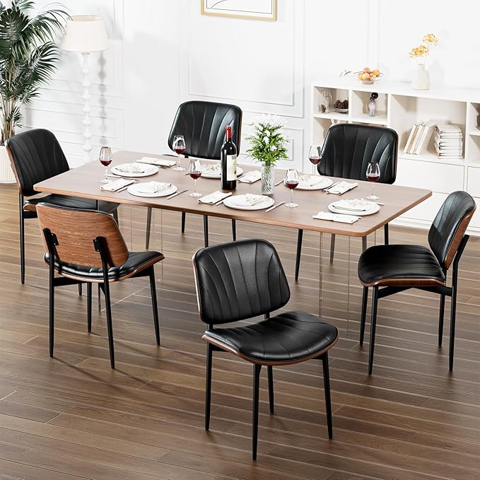 YaFiti Dining Chairs Set of 8, Dining Room and Kitchen Chairs, FSC Certified Mid Century Modern Accent Chair, Upholstered PU Leather Chairs for Vanity with Walnut Bentwood and Metal Legs, Black