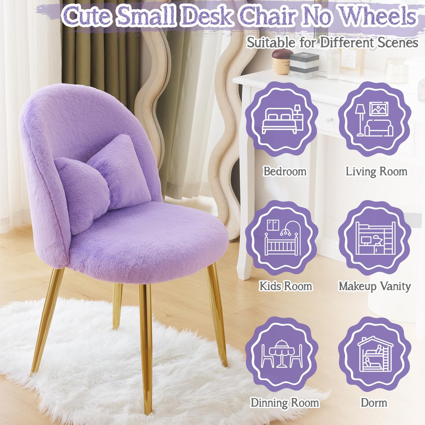 VINGLI Fluffy Girls Vanity Chair with Back & Pillow,Cute Small Cozy Desk Chair No Wheels,Comfy Makeup Ch with Ajustable Gold Legs,for Bedroom,Living Room,Small Space,Purple
