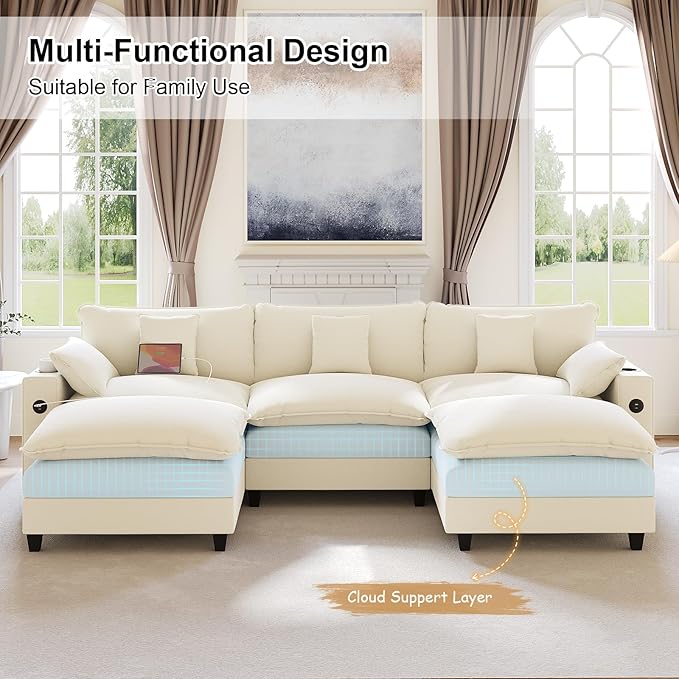 KCGKCG 116" Modular Sectional Sofa, U Shaped Cloud Couch with Movable Ottoman, Chenille Deep Seat Cloud Sofa with Charging Station, Cup Holder, Side Pocket, Sectional Couches for Living Room, Beige